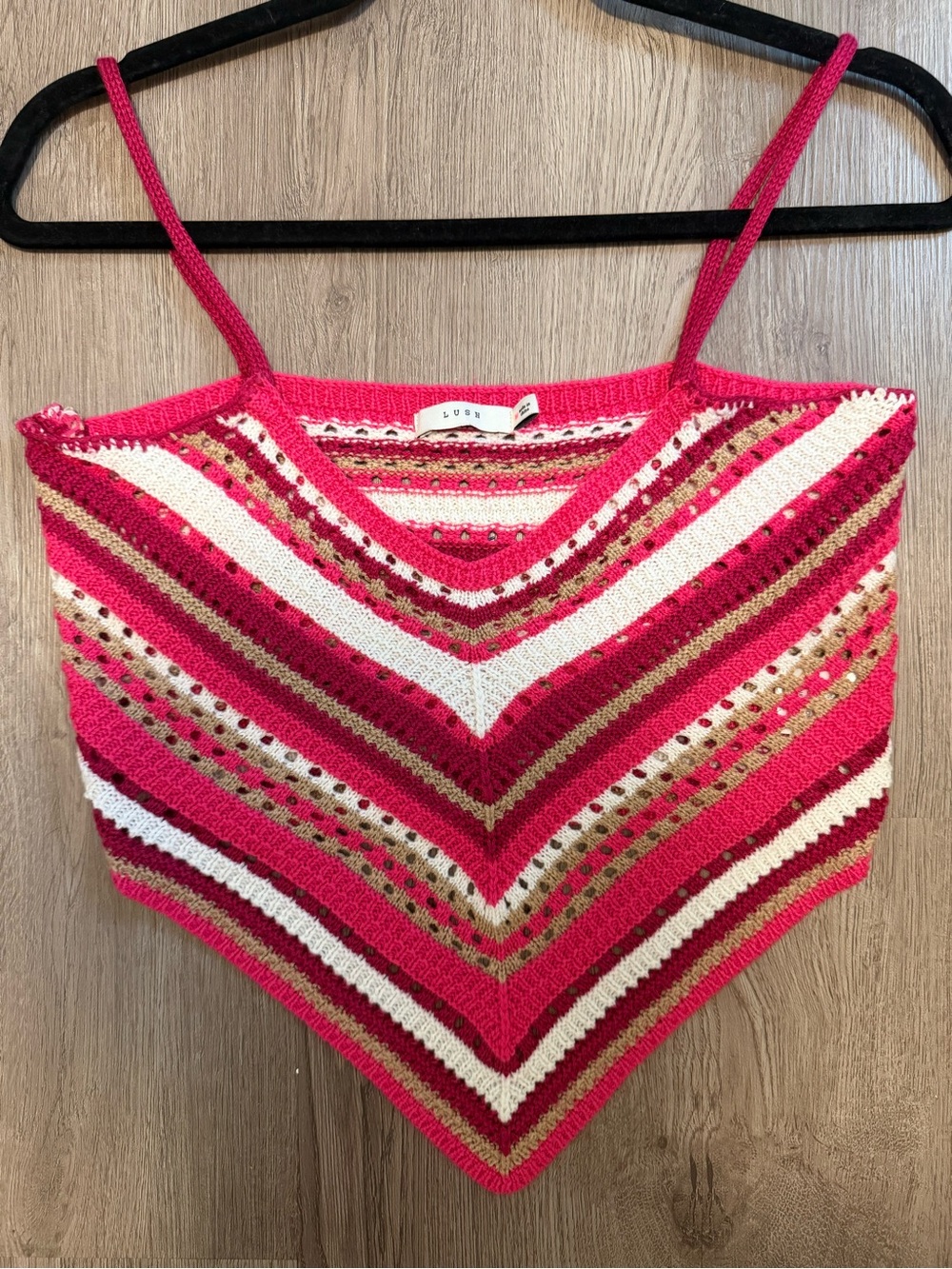 Lush Pink & Brown Striped Crochet Pointed-Hem Crop Tank Top